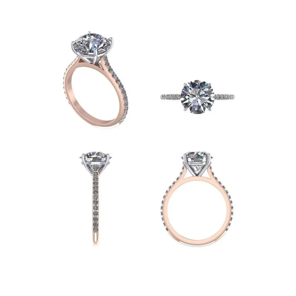 Unikt design forlovelsesring, diamanter på siden krone i hvitt gull og rosegull ringskinne 